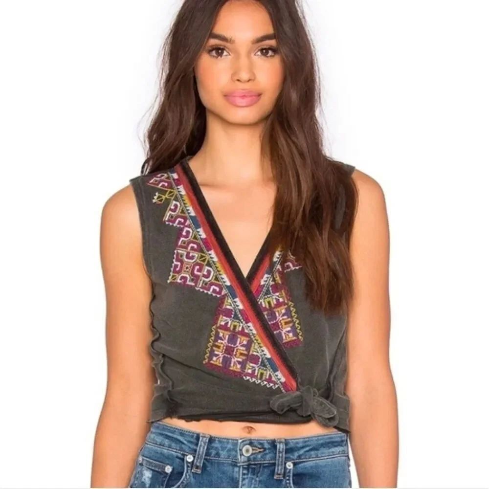 Free People Black Embroidered Wrap Tank Top Size L